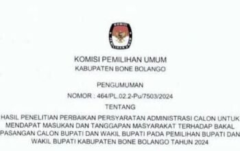 KPU Nyatakan 4 Bapaslon Cabup-Cawabup Bonbol Penuhi Syarat Perbaikan Administrasi